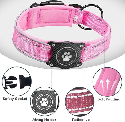 Airtag Dog Collar with Waterproof Air Tag Holder, Luminous Reflective, Soft Padded, Adjustable Nylon Pet Collar for Small Medium Large Heavy Duty Dogs,Pink, L