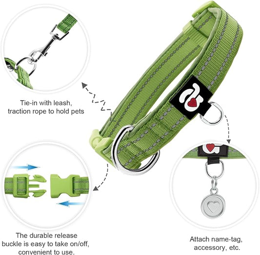 azuza Reflective Dog Collar, Soft Neoprene Padded Pet Collar with ID Tag Ring, Adjustable for Large Dogs,Army Green,L