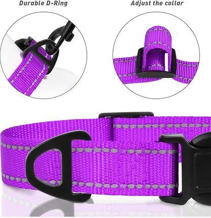 TagME Reflective Nylon Dog Collars, Adjustable Classic Pet Collar with Quick Release Buckle for Medium Dogs, Purple, 1.0" Width