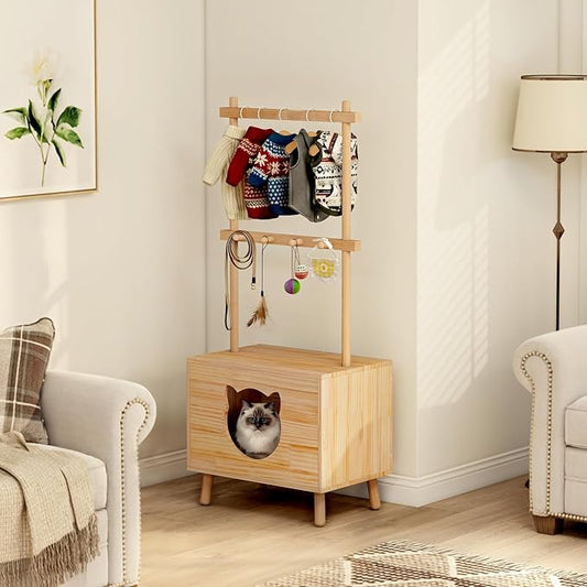 LOYIGA Cat House Side Table,Dog Closet Wooden Pet House Kitten Clothes Rack,Indoor Cat Activity Center for Toy Organization,No Paint (Natural)