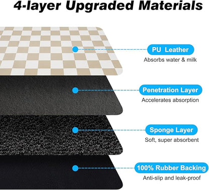 Checkered Dog Food Mat, Absorbent Leak-Proof Pet Feeding Mat, Quick Dry Cat Food Mat for Messy Drinkers 12" x 20" Khaki