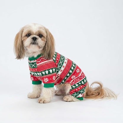 Fitwarm Dog Christmas Outfit, Holiday Pet Clothes for Small Dogs Boy Girl, Festive Pajamas with Feet, Puppy Onesie, Red, Green, XS