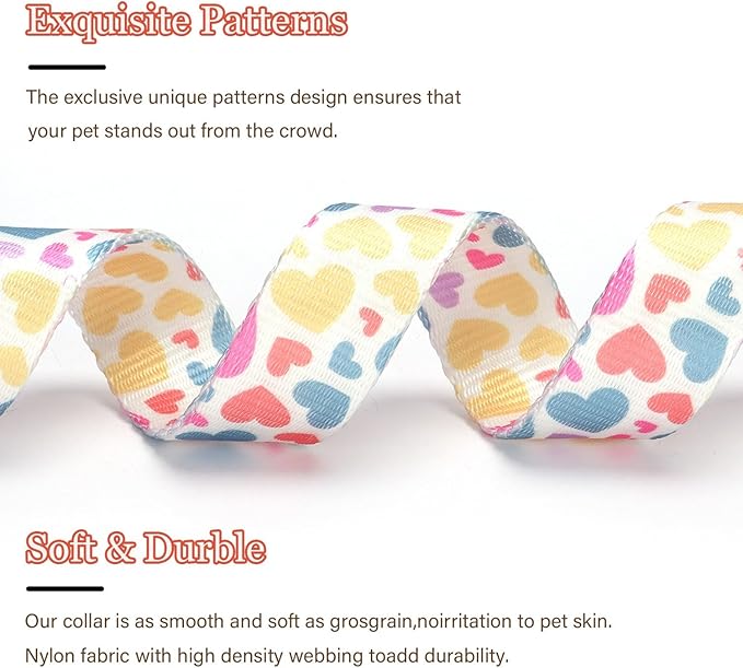 Love Pattern Dog Collar with Buckle Adjustable Safety Nylon Collars for Small Medium Large Dogs, Cute Stylish Girl Boy Christmas Dog Collar(White Heart,L)