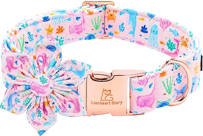 Lionheart glory Dog Collar Flower Collar Pink Dog Collars with Flower Summer Cute Sea Animals Print Collar Dog Female Soft Durable Adjustable Dog Collars for Medium Dogs