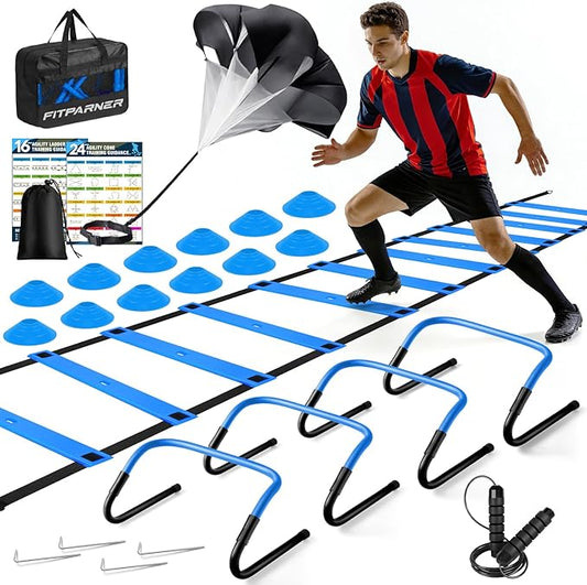Agility Ladder, Soccer Football Training Equipment Set - 20ft Speed Ladder, 4 Hurdles,Parachute, 12 Cones & Jump Rope | Agility & Speed Training for Kids Youth Adults,Basketball & Football Accessories