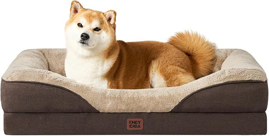 EHEYCIGA Orthopedic Dog Bed for Large Sized Dog, 36x27x7 Inch Large Memory Foam Dog Couch Bed with Sides, Waterproof Liner & Washable Removable Cover, Bolster Pet Sofa, Brown