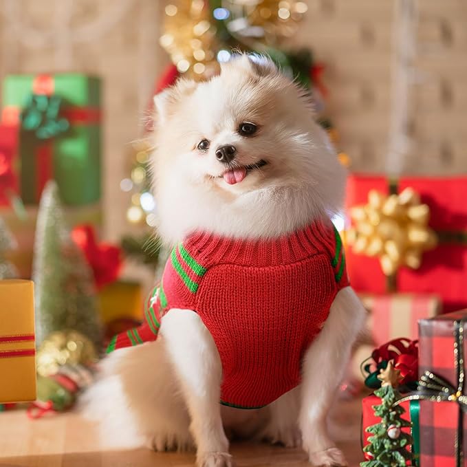 Dog Christmas Sweater Cute Snowman Puppy Cat Costume Boy Girls Xmas Holiday Pet Clothes New Year Outfits Gifts for Small Medium Large Dogs (L, Red Green Stripe Snowman)