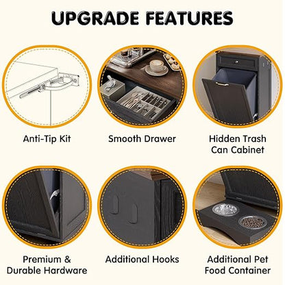 Tilt Out Trash Can Cabinet with Dog Bowl, 13 Gallons Dog Feeding Station with Storage, Dog Food Cabinet with Hideaway Drawer for Kitchen, Living Room,Laundry Room