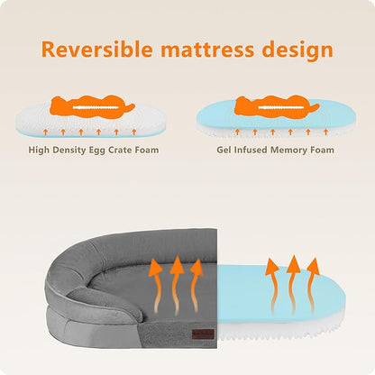 Dwanton Orthopedic Dog Bed for Extra Large Dogs with Gel Memory Foam, Waterproof Dog Sofa, Washable Pet Bed with Four Sided Bolster Cushion, Removable Cover & Non-Slip Bottom, 45", Medium Gray