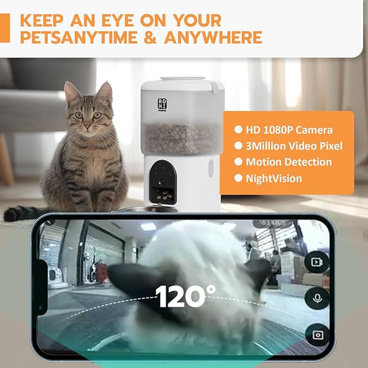 Romiromi 7L 2-in-1 Automatic Cat Feeder with Camera and Water Fountain Dispenser 1080P HD Video 2.4G&5G WiFi Timed Auto Feeder with APP Control,Multiple Cats, Detachable for Easy Clean-White