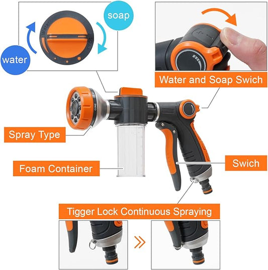 Garden Hose Nozzle, 8 Spray Patterns Dog Wash with Soap Dispenser, Pressure Hand Sprayer with Flow Control for Watering Plants & Lawns, with Pet bathing tools and car washing gloves