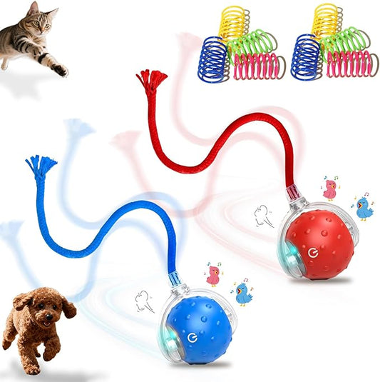 2-Pack Interactive Cat Toys Ball for Indoor Cats＆Dog,Automatic Cat Toy with Smart Obstacle Avoidance&Bird Chirps,Includes 8 Cat Spiral Spring,Cat Enrichment Toys for Indoor Cats(Red＆Blue)