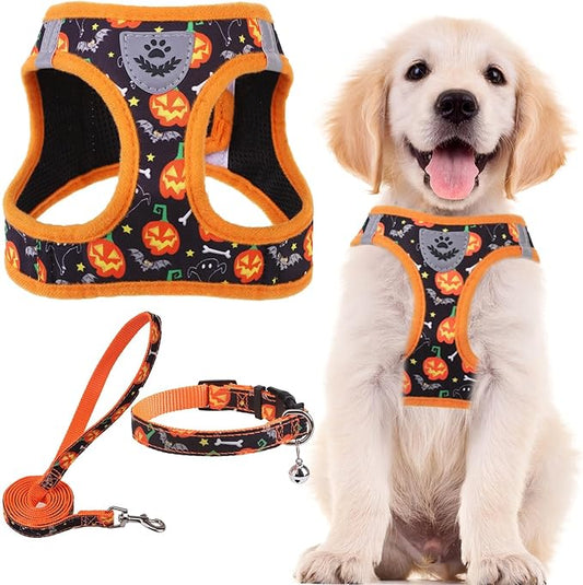 PUPTECK Adjustable Dog Harness Collar and Leash Set Step in No Pull Pet Harness for Small Medium Dogs Puppy and Cats Outdoor Walking Running, Soft Mesh Padded Reflective Vest Harnesses, Halloween, XS