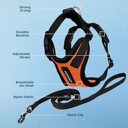 Voyager Escape-Proof Step-in Lock Cat Harness & 5ft Neoprene-Handle Leash Set All-Weather Mesh with Reflective Stitching for Small to Large Cats by Best Pet Supplies, Orange/Black Trim, XS