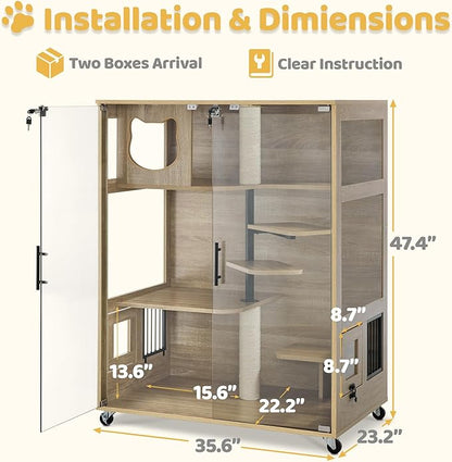 Lovupet Wooden Cat House with Scratching Posts, Luxury Large Cat Condo with Lockable Wheels, Indoor Kitten Cage with Escape Door, GC11