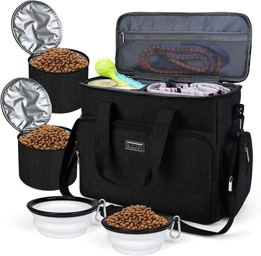 BAGLHER Dog Travel Bag, Airline Approved Pet Tote Organizer with Multi-Function Pockets, 2 Food Storage Containers and 2 Collapsible Dog Bowls, Perfect Weekend Pet Travel Set, Black