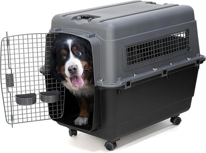 SportPet Airline Compliant X-LARGE 32.25" Travel Dog Kennel-Durable Plastic Airline Pet Carrier w/Removable Wheels & Food Bowls, Collapsible Indoor/Outdoor Dog Kennel, Dogs up to 32"L & 23"H-Dark Gray