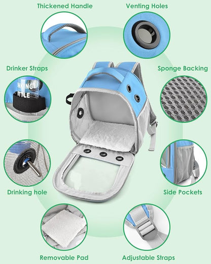 Guinea Pig Carrier Backpack, Portable Rabbit Travel Carring Bag for Pet Bunny Chinchilla Bearded Dragon Hamster Parrot Outgoing Pouch Case with Water Bottle Holder & Detachable Pad (Sky Blue)