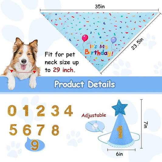 Dog Boy Girl Birthday Party Hat, Dog Birthday Party Supplies, Birthday Bandana Set with Numbers for Gaint and Extra Large Dogs (Blue)