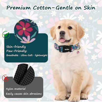 Dog Collar for Extra Small Dogs, Spring Dark Green Dog Collars with Flowers Pattern, Adjustable Puppy Dog Collars, Cute Girl or Boy Dog Collar Ideal for Gifts,Pet Accessory
