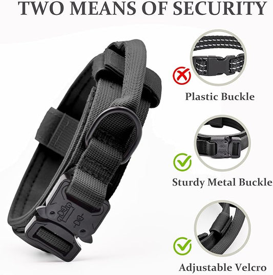 Tactical Dog Collar Set, Adjustable Military Training Nylon Dog Collar with Control Handle and Heavy Quick-Release Metal Buckle for Small Medium Large Dogs, Black Set L