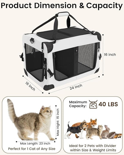 Extra Large Cat Carrier for 2 Cats with Divider, Double Soft-Sided Pet Carrier for Small Dogs, Puppies & Rabbits, Collapsible Travel Carrier with Removable Cozy Pad & Storage Pockets