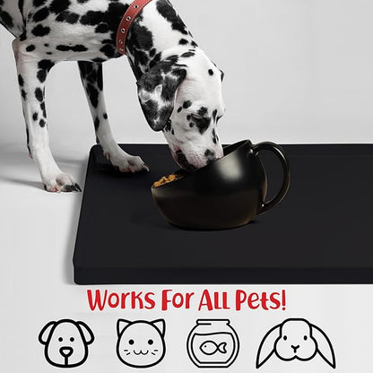 DogBuddy Dog Food Mat – Waterproof Dog Bowl Mat for Food and Water, Silicone Pet Feeding Mats for Floors, Non-Slip Placemat with High Edges for Dogs Bowls, Puppy Essentials (XL: 28" x 18", Black)