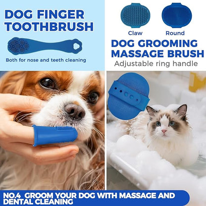 PAWCHIE Bath Grooming Kit for Pets, 9 PCS Hair Brush Set with Towel,Washing Gloves,Bath Brush and Adjustable Handle Shampoo Brush & Scrubber for Short Long Haired Dogs and Cats,Dog Bath Supplies,Blue