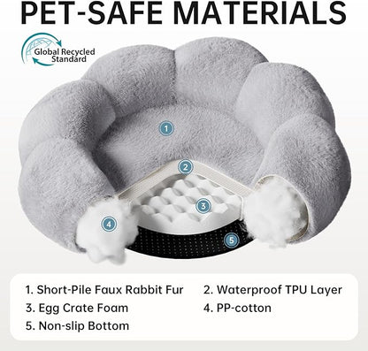 OhGeni 31 inches Calming Donut Orthopedic Dog & Cat Bed for Medium Pets, Warming Comfort Fluffy Short Pile Fur, Durable Waterproof Machine Washable Removable Cover, Round Bed for Puppy, Light Gray