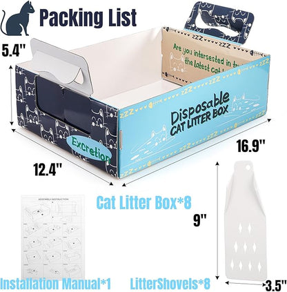 Hiceeden 8 Pcs Disposable Litter Box for Cats, 16.9" x 12.4" x 5.4" Travel Cat Litter Boxes with Disposable Scoops, Portable Cardboard Litter Box with Double Waterproof Coating, Blue