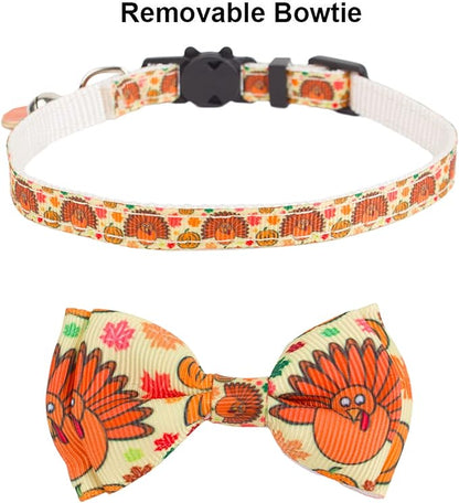 ADOGGYGO Thanksgiving Cat Collars with Bow Bell, Breakaway Fall Kitten Collar with Bowtie Pumpkin Turkey Collar for Girl Boy Cats Kittens