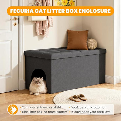 3-in-1 Cat Litter Box Enclosure with Odor Control, Multi-Functional Hidden Litter Box Furniture Bench, Dog Proof, Space-Saving Ottoman Cabinet with Flip-Up Lid, Extra Large, Dark Grey
