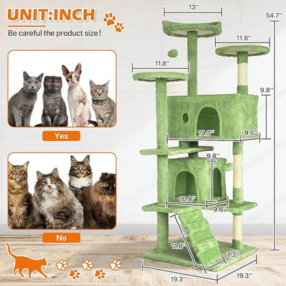 54” Cat Tree Tower for Indoor Cats - Multi-Level Playhouse with Sisal Scratching Posts, Condo, Perch & Hanging Toy - Tall Cat Furniture Activity Center (Green)