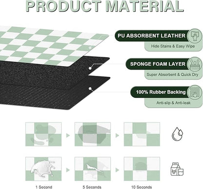 Cat Food Mat - 12"x 20" Cat Dog Mats for Food and Water Bowl, Checkered Pet Placemat Feeding Mat, Non-Slip Under Pet Bowls Mats for Messy Drinkers, Green & White