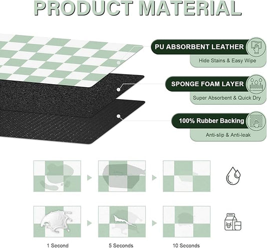 Pet Feeding Mat, 16"x 24" Absorbent Dog Food Mat, Checkered Cat Bowl Mats, Easy to Clean Pet Placemats, Quick Dry Dog Water Dispenser Mats for Messy Drinkers, Green & White