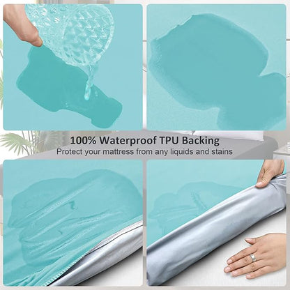Waterproof Mattress Protector King, Fitted Sheet Style Breathable Mattress Cover with Deep Pocket Fits Up to 18'', Noiseless Bed Cover for Kids Adults Pets, Machine Washable (Cyan, 76'' X 80'')