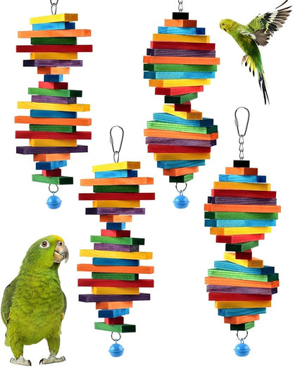 Bissap 4 PCS Bird Chew Toys, Multicolored Bagel Cascade Bird Parrot Chewing Sticks Biting Wooden Blocks Toy for Small Medium Conure Parakeet Cockatiels Lovebird Similar Sized Pet Birds