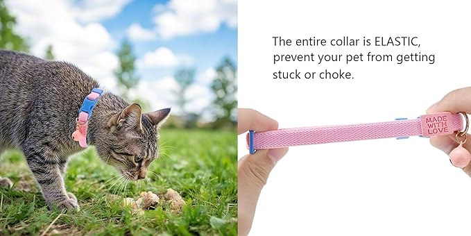 Elastic Cat Collar 2 Pack of Safety Quick Release Cat Collars with Bell Anti-Suffocation Kitten Puppy Collars(Pink+Blue)