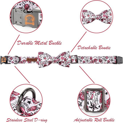 MR. CHUBBYFACE Valentine's Dog Collar with Bow Tie-Cute Pink Rose Cotton Dog Collar, Adjustable Valentine's Boy Girl Dog Collars with Metal Buckle for Small Medium Large Dogs