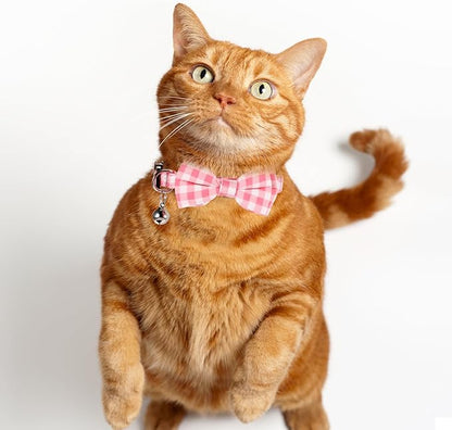 Sliverdew 2 Pcs Kitten Bow Tie Collar with Bell Cute Cat Collar for Girl Boy Cats Breakaway Cat Collars Adjustable Small Puppy Safety Collar Solid Color Plaid Pet Collar (Pink)