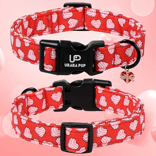 Valentine's Dog Collar, UP URARA PUP Pink Heart in Red Adjustable Pet Collar with Bowknot Charm, Wedding Dog Accessories for Small Medium Large Dogs