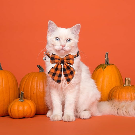 ADOGGYGO Halloween Cat Collars with Removable Bow Bell, 2 Pack Orange Purple Plaid Halloween Bowtie Collar for Cats Kittens