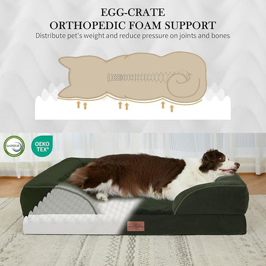 Comfort Expression Orthopedic Dog Bed for Large Dogs 36x27 Inch, Waterproof Egg Crate Foam Large Pet Bed with Removable Bolsters, Dog Couch with Washable Cover & Non-Slip Bottom, Olive Green