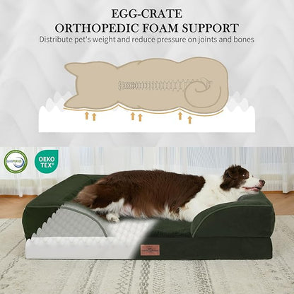 Comfort Expression Orthopedic Dog Bed for Extra Large Dogs 45x35 Inch, Waterproof Egg Crate Foam XL Pet Bed with Removable Bolsters, Dog Couch with Washable Cover & Non-Slip Bottom, Olive Green
