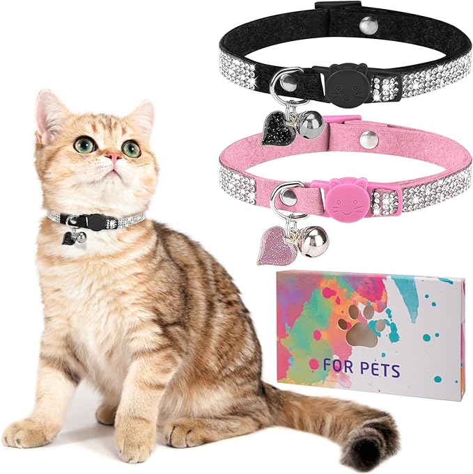Rhinestone Cat Collar Breakaway with Bell, Diamond Cat Collar with Safety Buckle Quick Release for Girl Boy Small Kitten Pets Puppy,Cute Soft Female Male Cat Collars,Color Pink & Black 8-12"