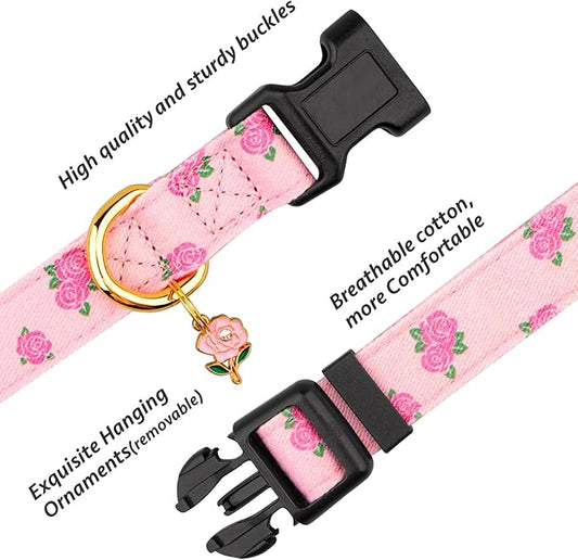 Cotton Handmade Dog Collar Cute and Distinctive Patterns Pink Rose with Pendant for Girl Boy Dogs Collars S
