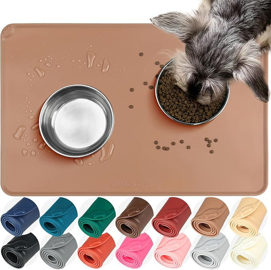 VIVAGLORY Dog Food Mat Flexmat Dog Bowl Mat, Placemat Food Tray with Raised Edges & Lip for Indoor Floor, Non Slip Waterproof Silicone Dish Placemat for Cat & Pet, L, Khaki