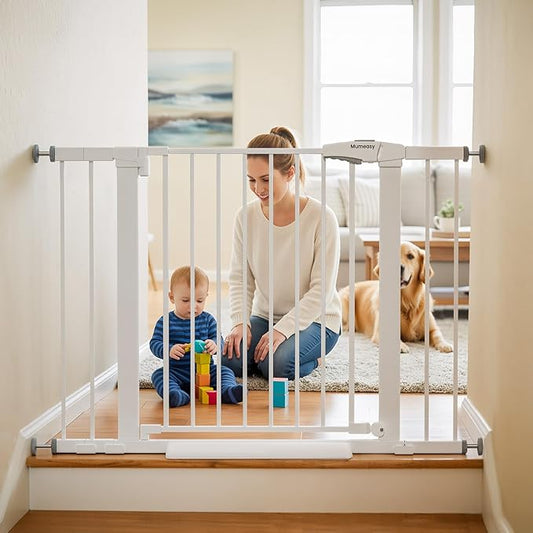 Baby Gate for Stairs, 29.7-43" Auto Close Dog Gate for Doorways & Hallways, Pressure Mounted Pet Gate with Walk Thru Door, Easy Install Safety Gate for Children & Pets, No Drilling, Dual-Lock Design