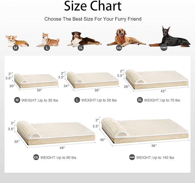 Orthopedic Jumbo Dog Bed Large Sized Dog with Pillow 56''X40'' Waterproof Soft Comfortable Egg Crate Foam Pet Crate Beds Mat with Removable Washable Cover and Non-Slip Bottom, Cream