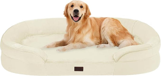 Dwanton Orthopedic Dog Bed for Large Dogs with Gel Memory Foam, Waterproof Dog Sofa, Washable Pet Bed with Four Sided Bolster Cushion, Removable Cover & Non-Slip Bottom, 42", Beige